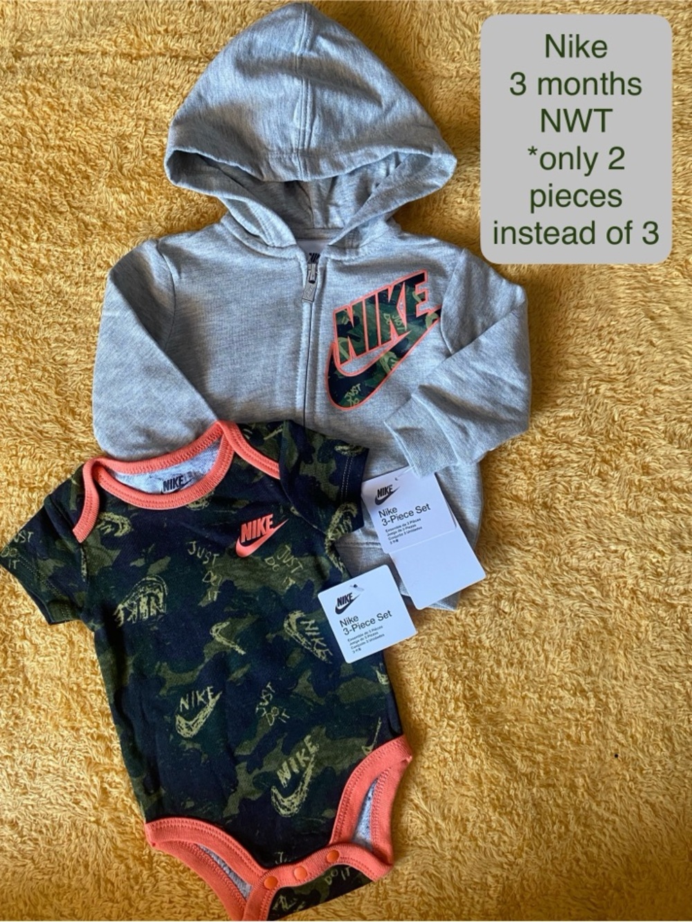 Nike Baby Hoodie & Camo Bodysuit — Gray, Olive & Coral Trim